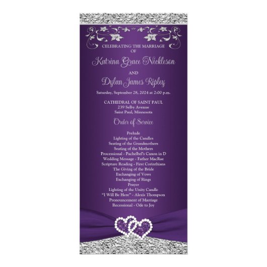 Lila, graues Liebe-Herz-Hochzeitsprogramm Werbekarte (Vorne)