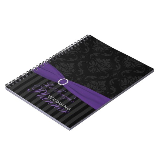Lila, graues, schwarz gestreiftes Notebook Notizblock (Linke Seite)