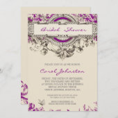 Lila graues Vintages BlumenBrautparty Einladung (Vorne/Hinten)