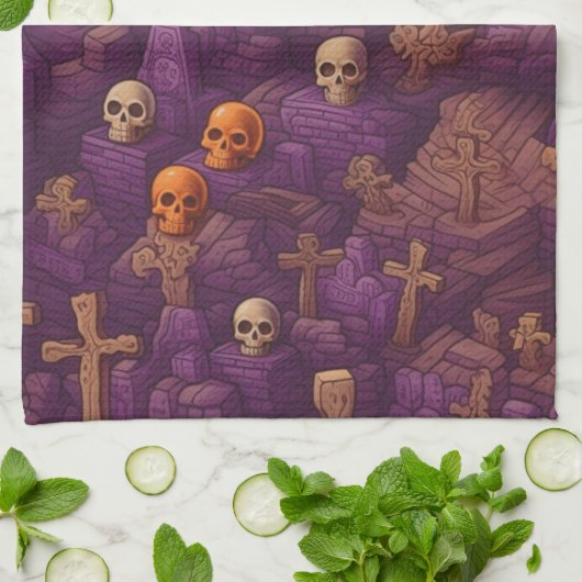 Lila Graves Silver Bronze Skulls Halloween Geschirrtuch (Gefaltet)