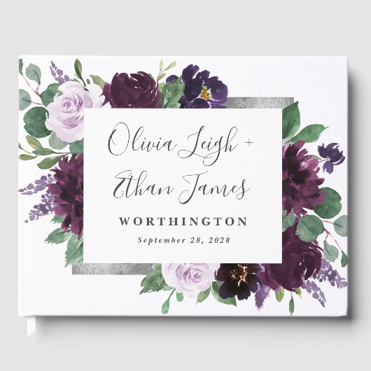 Lila Gray Silver Watercolor Peony Hochzeit im Herb Gästebuch (Vorderseite)