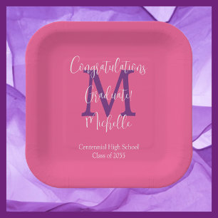 Lila Gray White Mit Monogramm Graduation Party Pappteller