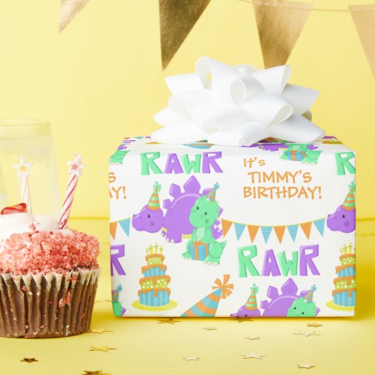 Lila Green Dinosaur Party Kindergeburtstag Geschenkpapier (Geburtstagsparty)