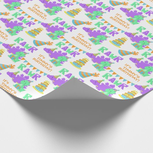 Lila Green Dinosaur Party Kindergeburtstag Geschenkpapier (Ecke)