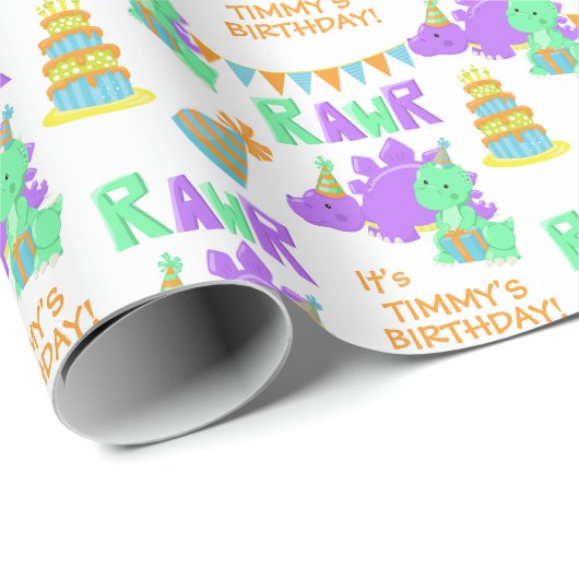 Lila Green Dinosaur Party Kindergeburtstag Geschenkpapier (Rolleneckpunkt)