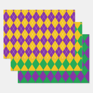 LILA GREEN GOLD MARDI GRAS DIAMOND PATTER GESCHENKPAPIER SET
