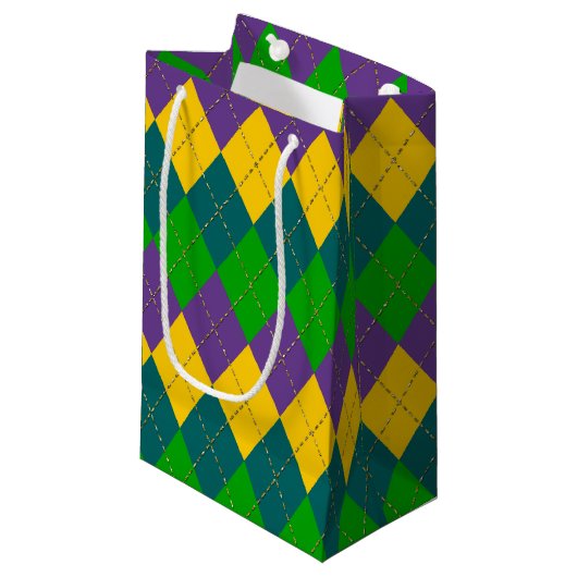 LILA GREEN GOLD MARDI GRAS DIAMOND PATTER KLEINE GESCHENKTÜTE (Vorderseite Schrägansicht)