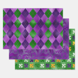 LILA GREEN GOLD MARDI GRAS FLEUR DI LIS DIAMONOND GESCHENKPAPIER SET