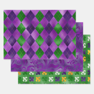 LILA GREEN GOLD MARDI GRAS FLEUR DI LIS DIAMONOND GESCHENKPAPIER SET