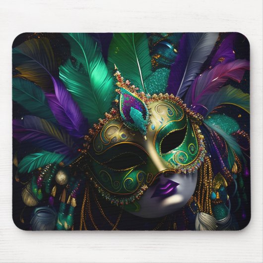 LILA GREEN GOLD MARDI GRAS MASK & FEATHERS MOUSEPAD (Vorne)