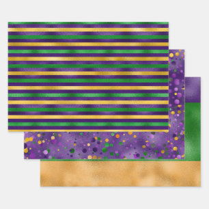 LILA GREEN GOLD MARDI GRAS STRIPES POLKA DOTS GESCHENKPAPIER SET
