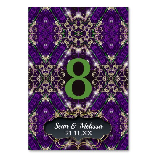 Lila Green-Gold-Sparkle-Ereignis Tischnummer (Vorderseite)