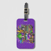 LILA & GREEN MARDI GRAS BUS & FEATHERS GEPÄCKANHÄNGER (Vorderseite Vertikal)