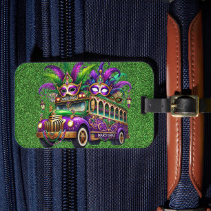 LILA & GREEN MARDI GRAS BUS & FEATHERS GEPÄCKANHÄNGER