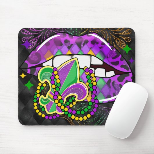 LILA GREEN MARDI GRAS LIPS BEADS FLEURDILIS MOUSEPAD (Mit Mouse)