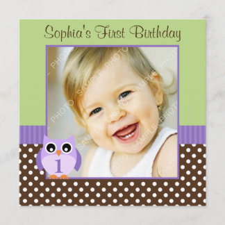 Lila Green Owl Polka Dot 1. Geburtstagskind Foto Einladung