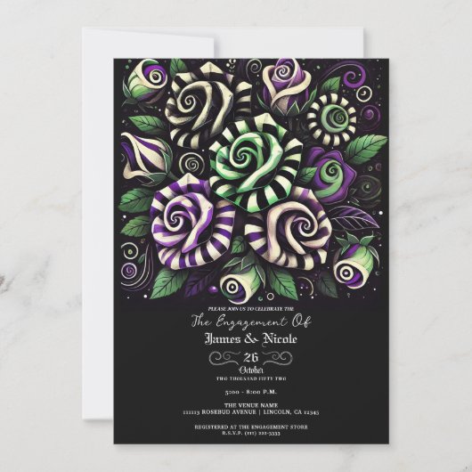 Lila Green Stripe BlumenHalloween-Verlobung Einladung (Vorderseite)