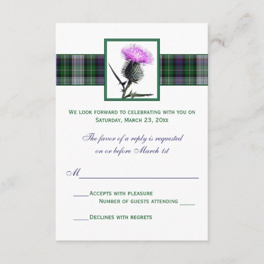 Lila Green Tartan Thistle Wedding RSVP Card (Vorderseite)