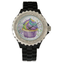 LILA GREEN WATERCOLOR MARDI GRAS CUPCAKE
