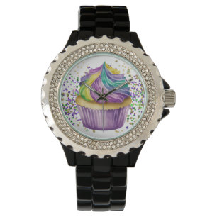 LILA GREEN WATERCOLOR MARDI GRAS CUPCAKE ARMBANDUHR