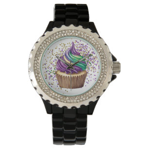 LILA GREEN WATERCOLOR MARDI GRAS CUPCAKE ARMBANDUHR