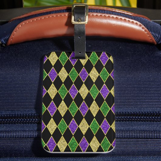 LILA GREEN YELLOW MARDI GRAS DIAMOND PATTERN GEPÄCKANHÄNGER (Vorderseite Insitu 2)