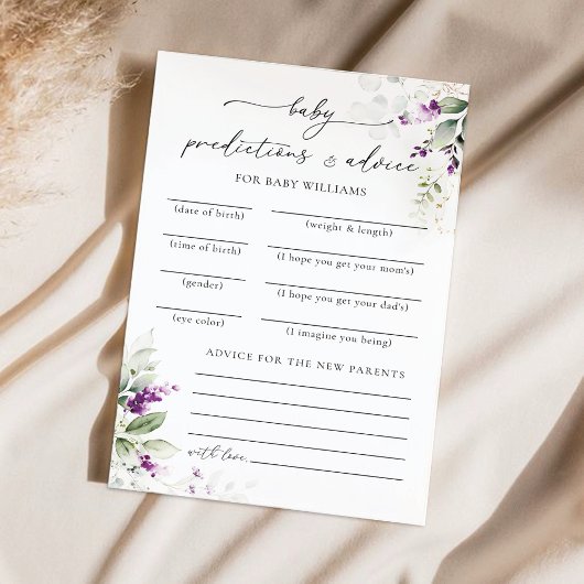 Lila Greenery Baby Shower Predictions Card