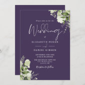 Lila Greenery Blätter Monogram Wedding Einladung (Vorne/Hinten)