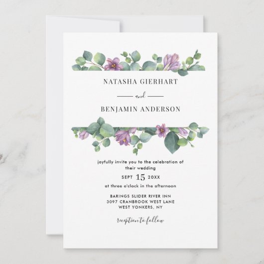 Lila Greenery Eucalyptus QR Code Wedding Einladung (Vorderseite)