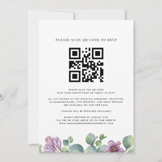 Lila Greenery Eucalyptus QR Code Wedding Einladung (Rückseite)