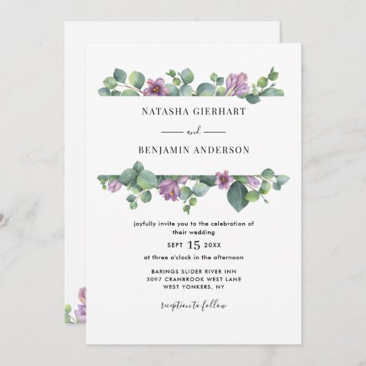 Lila Greenery Eucalyptus QR Code Wedding Einladung (Vorne/Hinten)