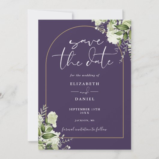 Lila Greenery Floral Gold Arch QR Code Hochzeit Save The Date (Vorderseite)