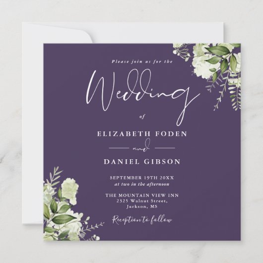 Lila Greenery Floral Monogram Square Wedding Einladung (Vorderseite)