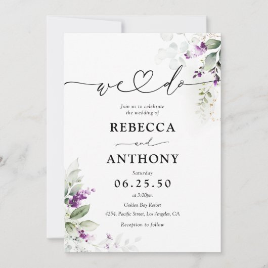 Lila Greenery Lavender Wedding Einladung (Vorderseite)