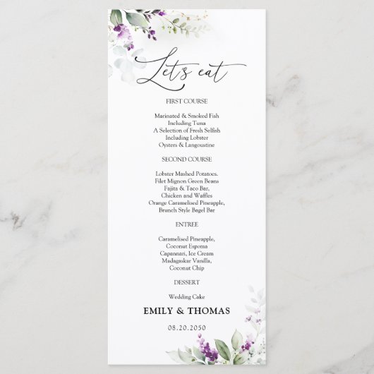 Lila Greenery Lavender Wedding Menü Menükarte (Vorderseite)