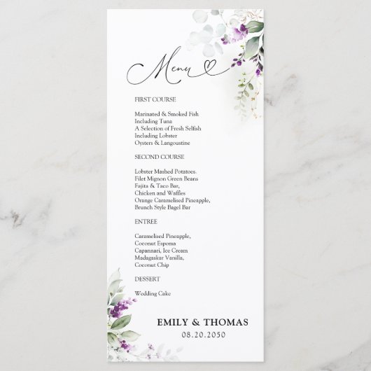 Lila Greenery Lavender Wedding Menü Menükarte (Vorderseite)