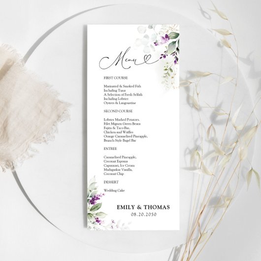 Lila Greenery Lavender Wedding Menü Menükarte
