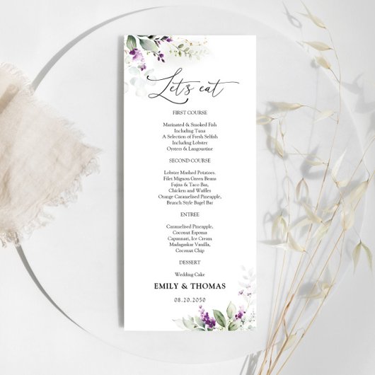 Lila Greenery Lavender Wedding Menü Menükarte