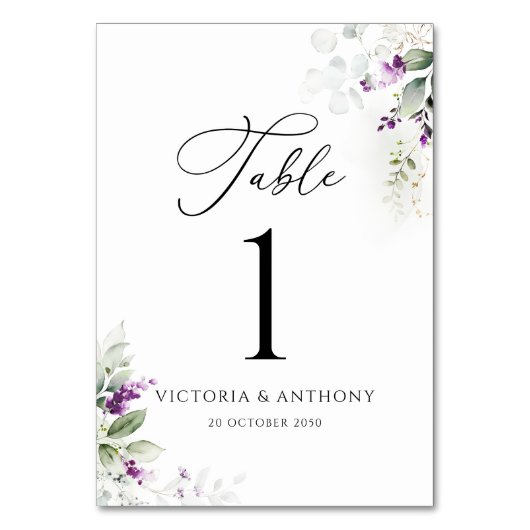 Lila Greenery Lavender Wedding Tischnummern (Rückseite)