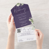 Lila Greenery Monogram QR Code Hochzeit All In One Einladung (Abreißen)