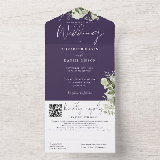Lila Greenery Monogram QR Code Hochzeit All In One Einladung (Innen Boden)