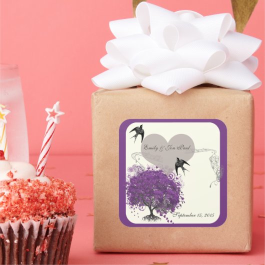 Lila Grenzübergänge Hochzeiten von Mink Heart Leaf Quadratischer Aufkleber (Party)