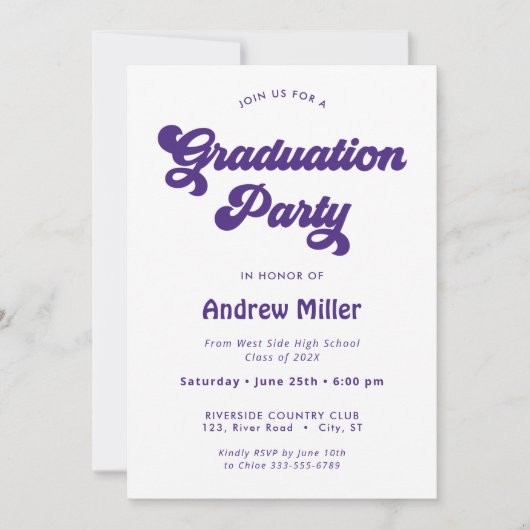 Lila Groovy Retro Graduierungsparty Einladung (Vorderseite)