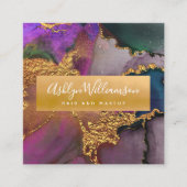 Lila-grün-blau-goldfarbenes, modernes Marmorwasser Quadratische Visitenkarte (Vorderseite)