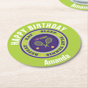 Lila - grün essen, schlafen, Tennis spielen Runder Pappuntersetzer