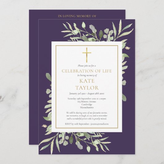 Lila Grün Foto Feier der Lebensbeerdigung Einladung (Vorne/Hinten)