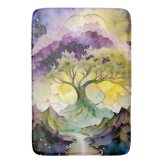 Lila Grün Gelb Blau Abstrakter Fantasy-Baum Badematte (Vorderseite Vertikal)
