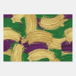LILA GRÜN GELB MARDI GRAS PINSELSTRICHE GESCHENKPAPIER SET