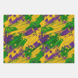 LILA GRÜN GELB MARDI GRAS PINSELSTRICHE GESCHENKPAPIER SET