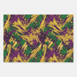 LILA GRÜN GELB MARDI GRAS PINSELSTRICHE GESCHENKPAPIER SET